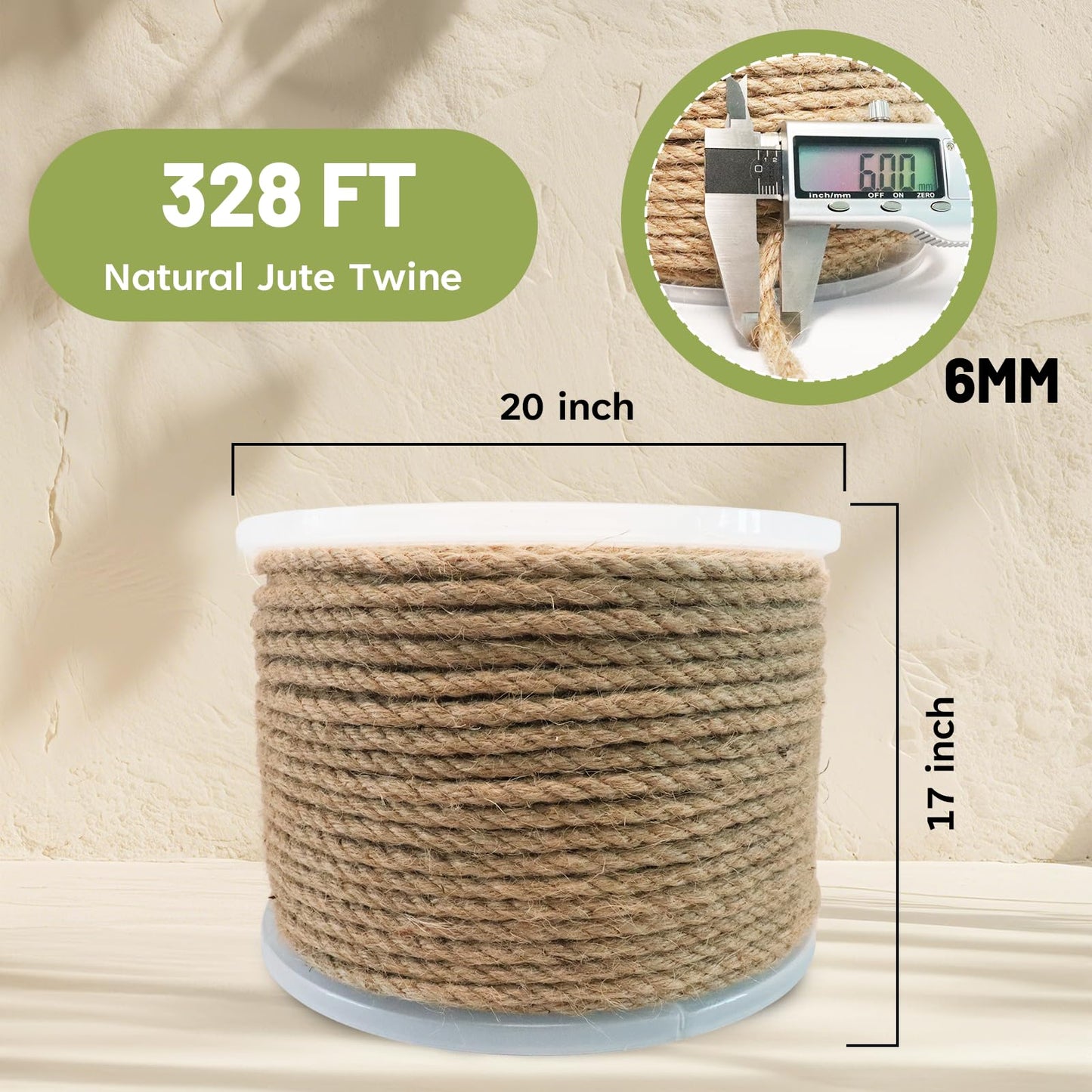 SDHUATUO Jute Twine Rope 6mm x 328ft, Natural Hemp String for Gardening, Crafting, Cat Scratching Post, DIY Crafts, Bundling, Home Decor
