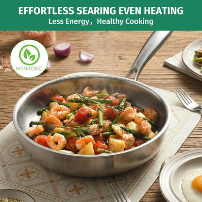 KEGDAN 12 Inch Stainless Steel Pan, 5pcs Tri-Ply Stainless Steel Frying Pan with Lid, Dishwasher & Oven Safe, Induction Cooking Skillets, Fast & Even Heat and Detachable Handle