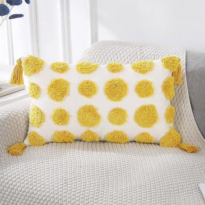 PANOD Super Soft Farmhouse Decorative Plush Throw Pillow Covers 12 x 20, Solid Pom Pom Tufted with Tassels (Yellow)