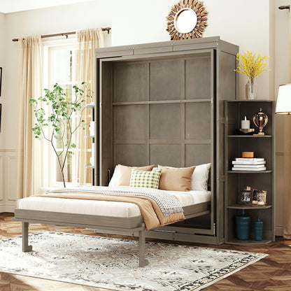 DNYN Rotating Queen Size Murphy Bed Frame with Foldable Desk and Hidden Wall Cabinet for Guest/Study Room, Space-Saving Foldable Wall Bed with Extra Storage Racks, No Box Spring Needed
