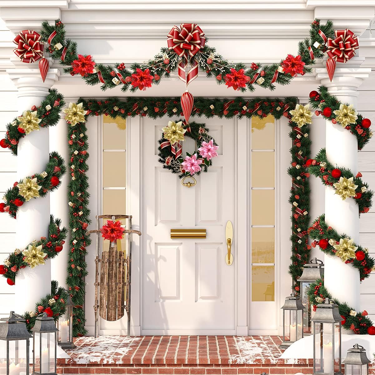 Christmas Poinsettia Artificial Flowers Decorations, 12 Pcs Glitter Flowers Picks for Xmas Tree Wreaths Garland