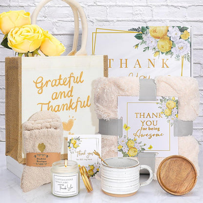 Thank You Gifts for Women ,Appreciation Gift Box with Blanket, Mug with Lid and Spoon, Soy Candle, Fuzzy Socks, Tote Bag, Card ,Boss, Birthday, Nurse, Teacher, Coworker, Mom, Best Friend