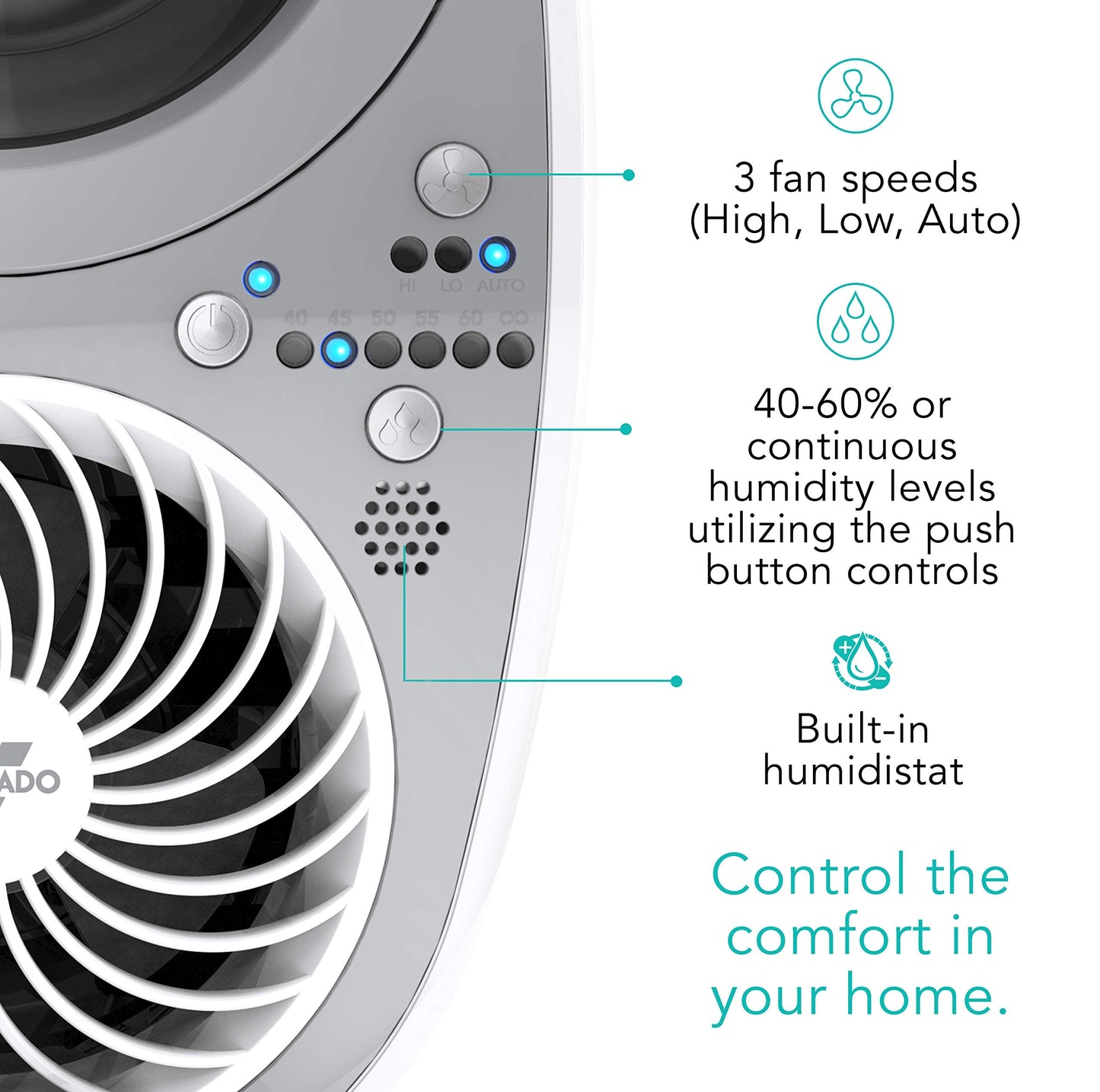 Vornado UH200 Ultrasonic Humidifier with Fan-Assisted Whole Room Humidification, Auto Humidity Control, Remote, and Electronic Humidistat, UH200 — 1.75 gal tank, White