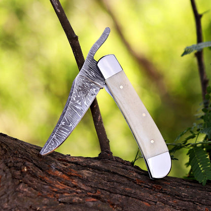 BE BREAK EDGE Handmade Damascus Steel Russlock Folding Knife with Yellow Striped Handle and Leather Sheath