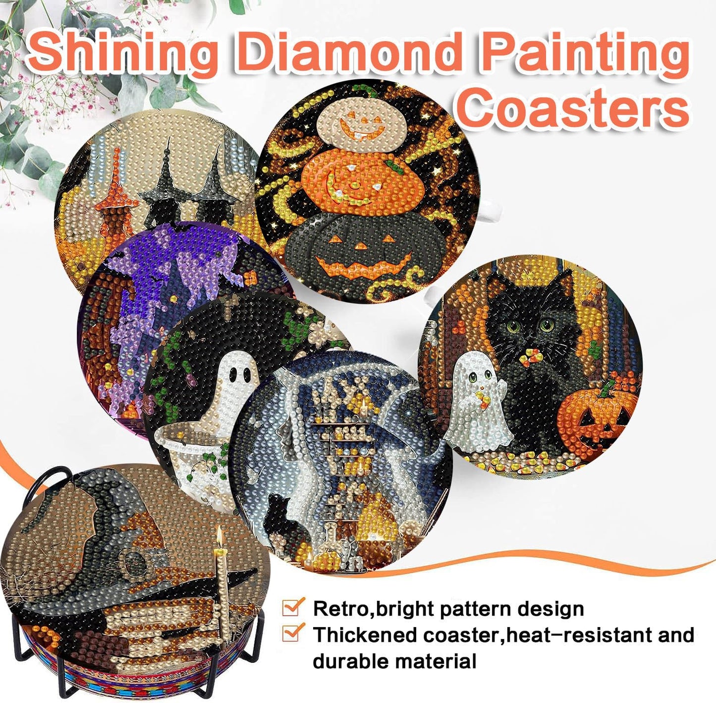 ijbnhd 8 Pack Halloween Diamond Art Coasters Kits, Halloween Diamond Painting Coasters Kit with Holder, DIY Diamonds Art Non Slip Coaster Crafts Kits for Adults Gifts 4x4 inch (Cork Wooden Pad)