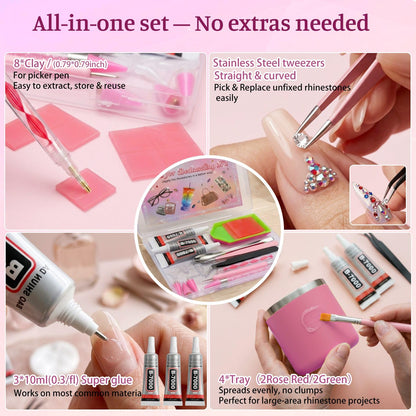 OCARDI 30Pcs Rhinestone Picker Tools for Bedazzling Kit - B7000 Jewelry Glue for Craft,9-in-1 System with 3 Picker Pens&9 Interchangeable Tips, Trays,Tweezers&Clay,All-in-One Diamond Art Painting Set