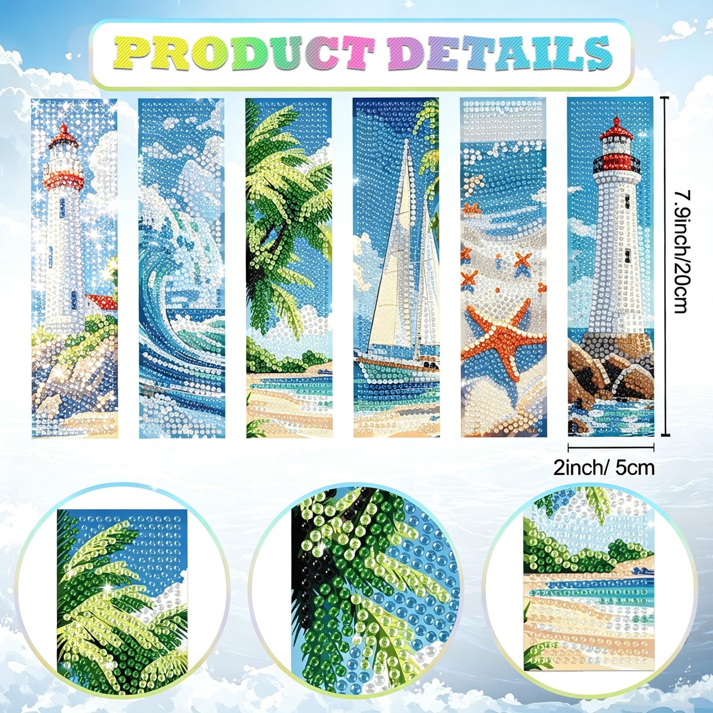beinkmake 6Pcs 5D Diamond Painting Bookmarks Kit, Ocean Theme DIY Diamond Art Book Marks with Tassels, Diamond Dotz Bookmark Set for Adults Kids Beginners Craft Gift