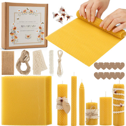 MOSROAD Beeswax Sheets for Candle Making, 30Pcs DIY Beeswax Candles Rolling Kit for Kids & Adults, Natural Honeycomb Sheets (8 x 8 Inch) with Cotton Wick, Bee Ornaments, Lace Ribbon and Hemp Rope