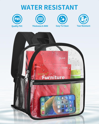 Paxiland Clear Backpack Stadium Approved 12×12×6 with Reinforced and Wider Shoulder Straps, Small Clear Bag for Schools, Concerts, Work, Festivals and Sporting Events - Black