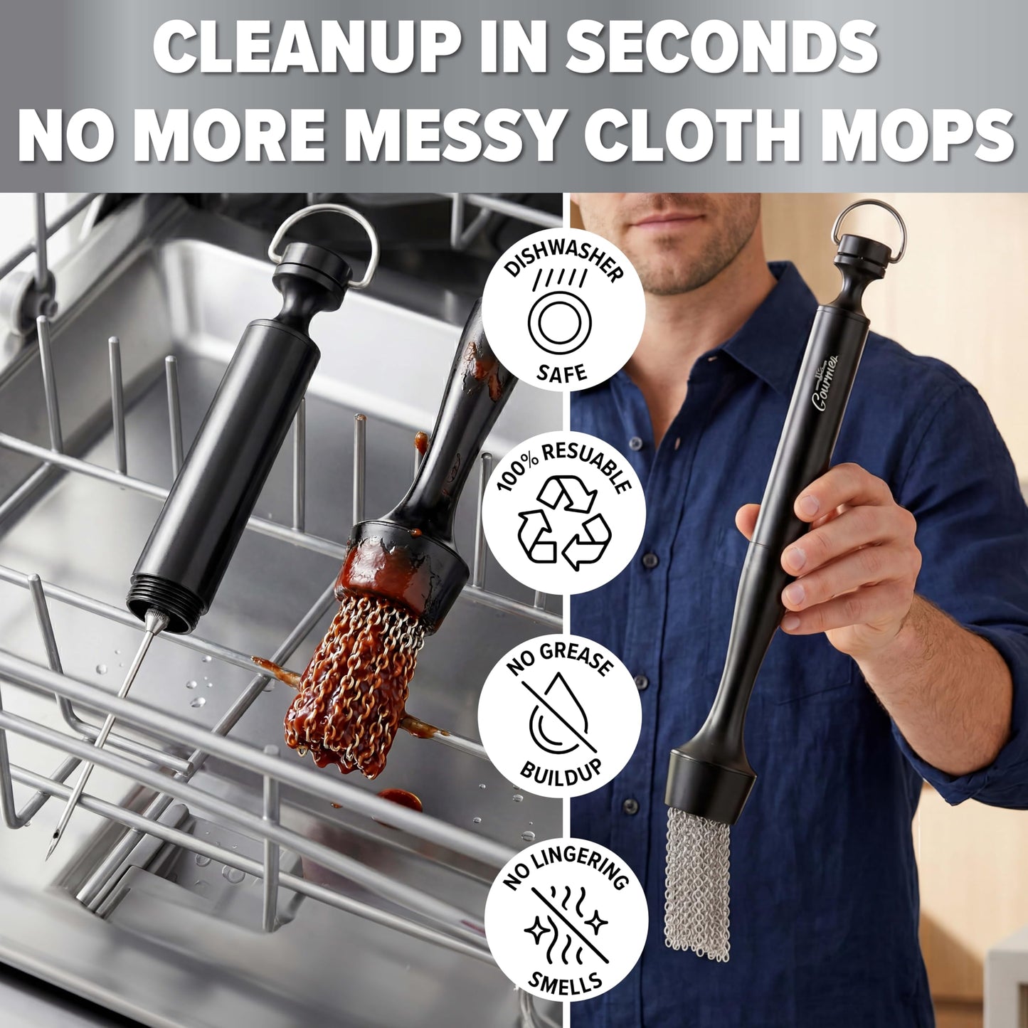 Camerons 3-in-1 Barbecue Injector Basting Mop - Baster Set Includes BBQ Chain Basting Brush & Meat Syringe to Baste, Marinate & Inject Food w Flavor - Indoor Outdoor Use - Grilling Cookout Essential