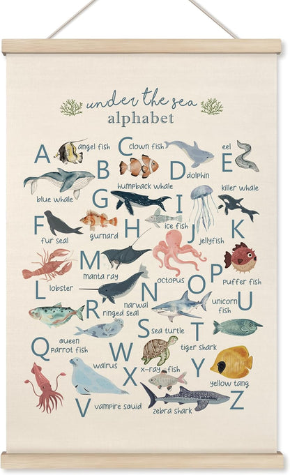 16x24 Inch HRQKO Ocean Alphabet Poster Hanger Frame, ABC Poster Wall Art with Wooden Frames, Alphabet Banner Wall