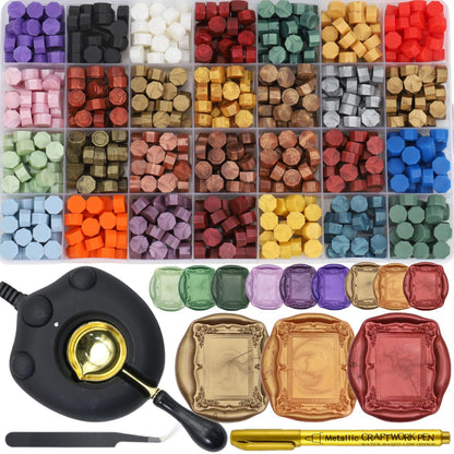 Frame Seal Stamp Kit, 728 Pcs Sealing Wax Beads Set with Electric Wax Seal Warmer Melting Furnace, Frame Waxstamp, Gold Melt Pen, Tweezer (K001)