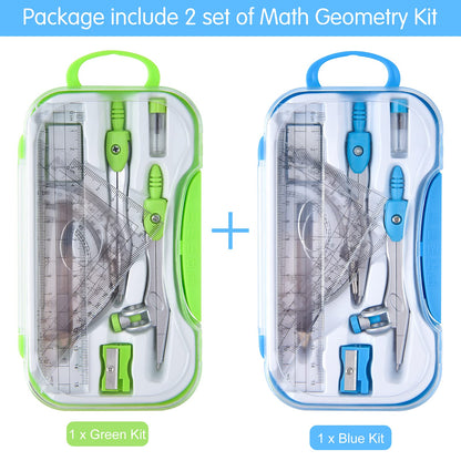 Coopay 2 Sets Math Geometry Kit, 10 Pieces Student Supplies Per Set Includes Ruler, Triangles, Protractor, Compass, Eraser, Pencil Sharpener, Lead Refills, Pencil, for Drafting and Drawings