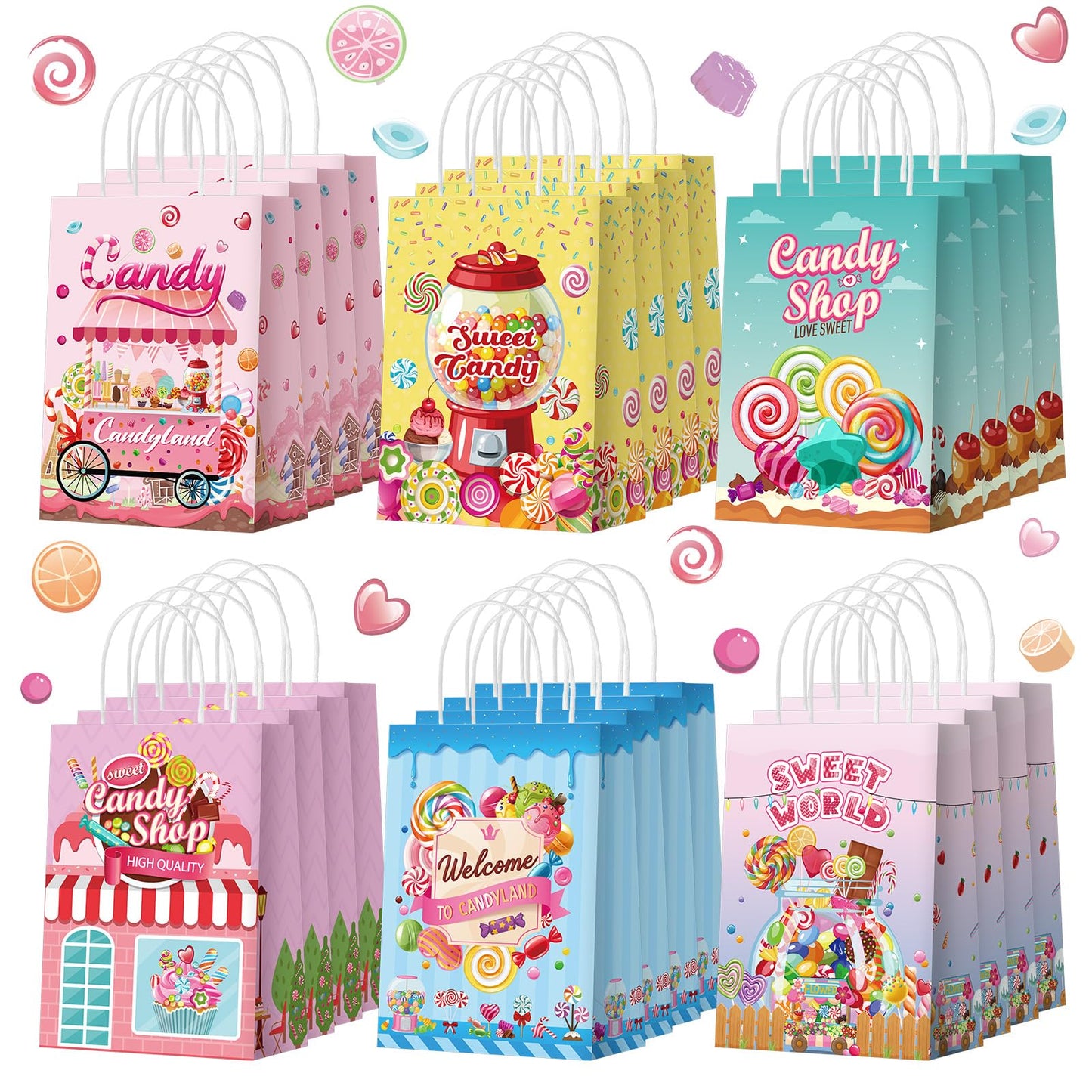 Sinload 48 Pcs Candy Sweet Goodie Bags with Handles Candy Land Gift Bags Lollipop Party Favors Sweet Shop Theme Paper Treat Boxes for Classroom Prizes Supplies Birthday Halloween Baby Shower Decor