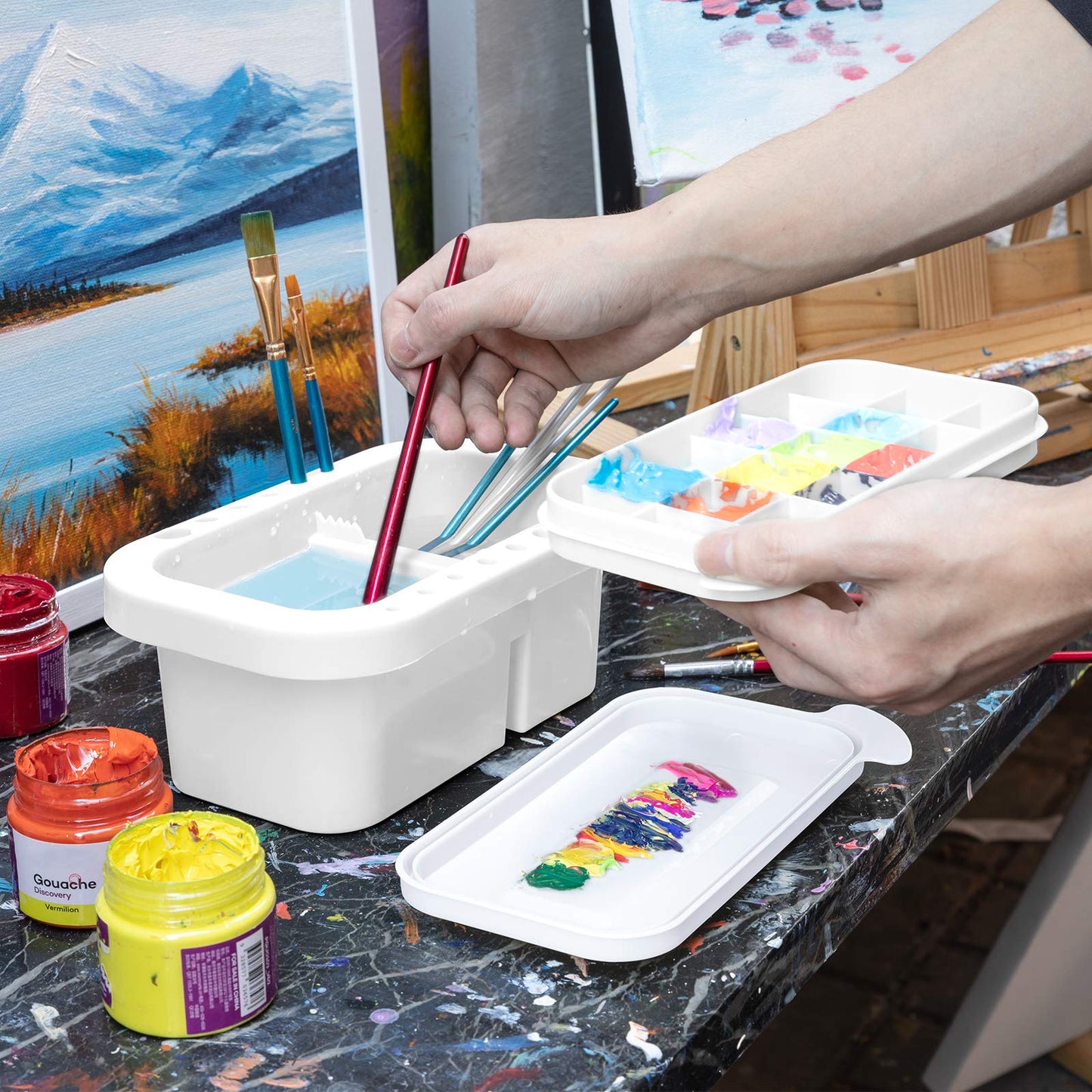 MyLifeUNIT Paint Brush Cleaner, Paint Brush Holder and Organizers with Palette for Acrylic, Watercolor, and Water-Based Paints (White)
