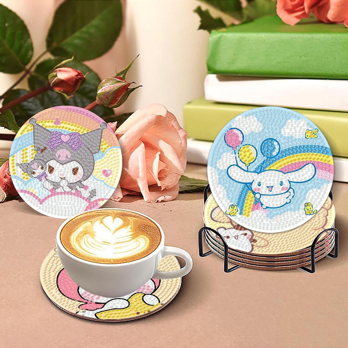 8Pcs Diamond Art Painting Coasters with Holder,DIY Cartoon Life Coaster Diamond Art Kits for Adults Kids,Beginners Round Full Drill Diamonds Art Craft Supplies