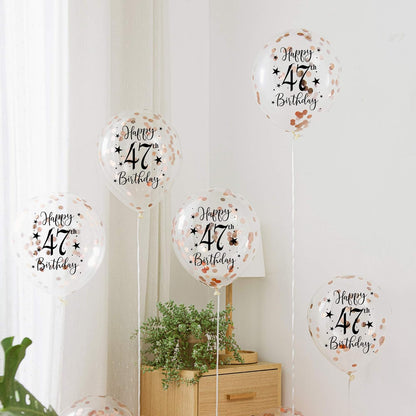 Rose Gold 47th Confetti Latex Balloons, Happy 47 Years Birthday Party Decoration with Confetti, 12in, 16 Pack