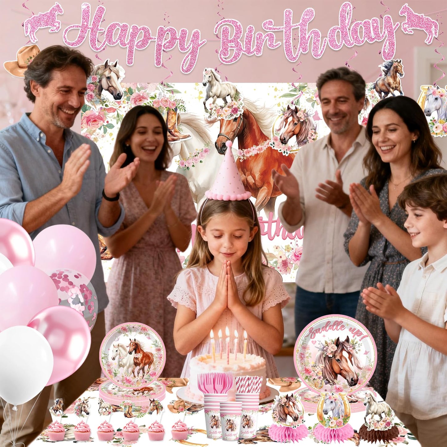 214Pcs Cowgirl Birthday Party Decorations Serve 25, Horse Party Supplies Includes Backdrop, Plates, Napkins, Cups, Banner, Hanging Swirl, Tablecloth, Cake Topper for Girl Birthday Decorations