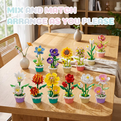 FNSJFYZS 12 Pack Flower Building Blocks, Botanicals Collection Artificial Flowers with Pots, DIY Craft Kit for Home Office Desk Decor, Unique Birthday Gifts for Adults