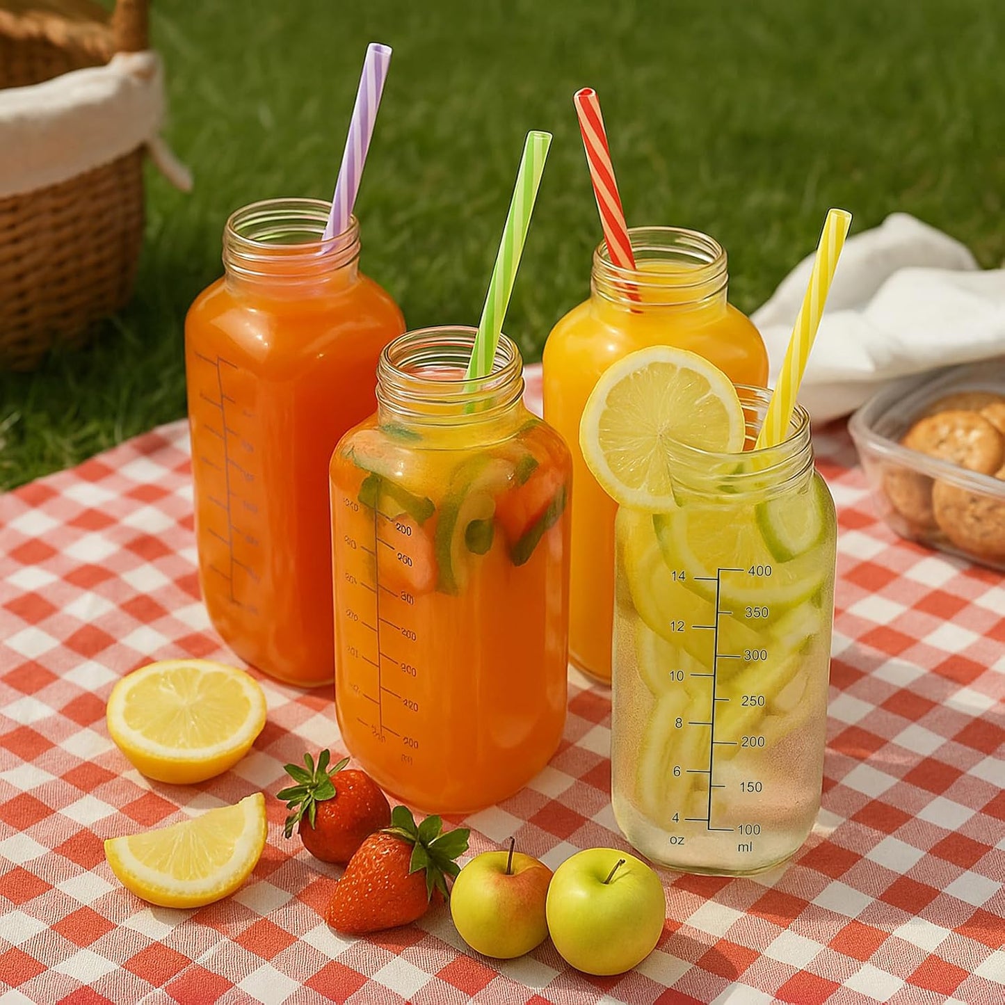 Essmilkee 16 oz [8 Pack] Reusable Glass Juice Bottles with Airtight Lid, Glass Pitchers with Pour Dispenser, Milk