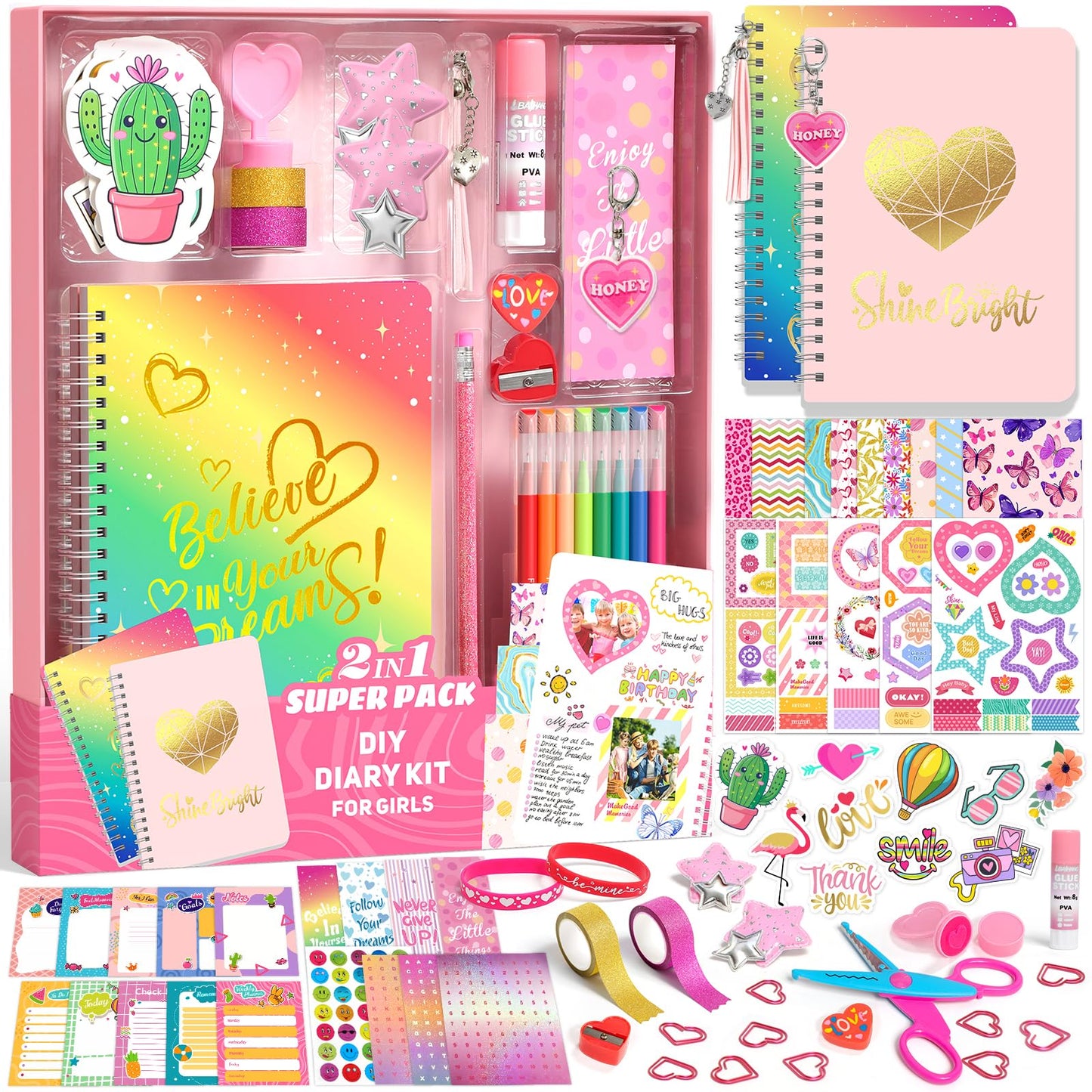 Axirata 2-Pack DIY Journal Kit for Girls, Journal Set for Tween & Teen Girl 6-8-14 Year Old, Scrapbook & Diary Supplies Toy Set, Art & Crafts Stationery Kit Birthday Christmas Ideal Gift for Girls