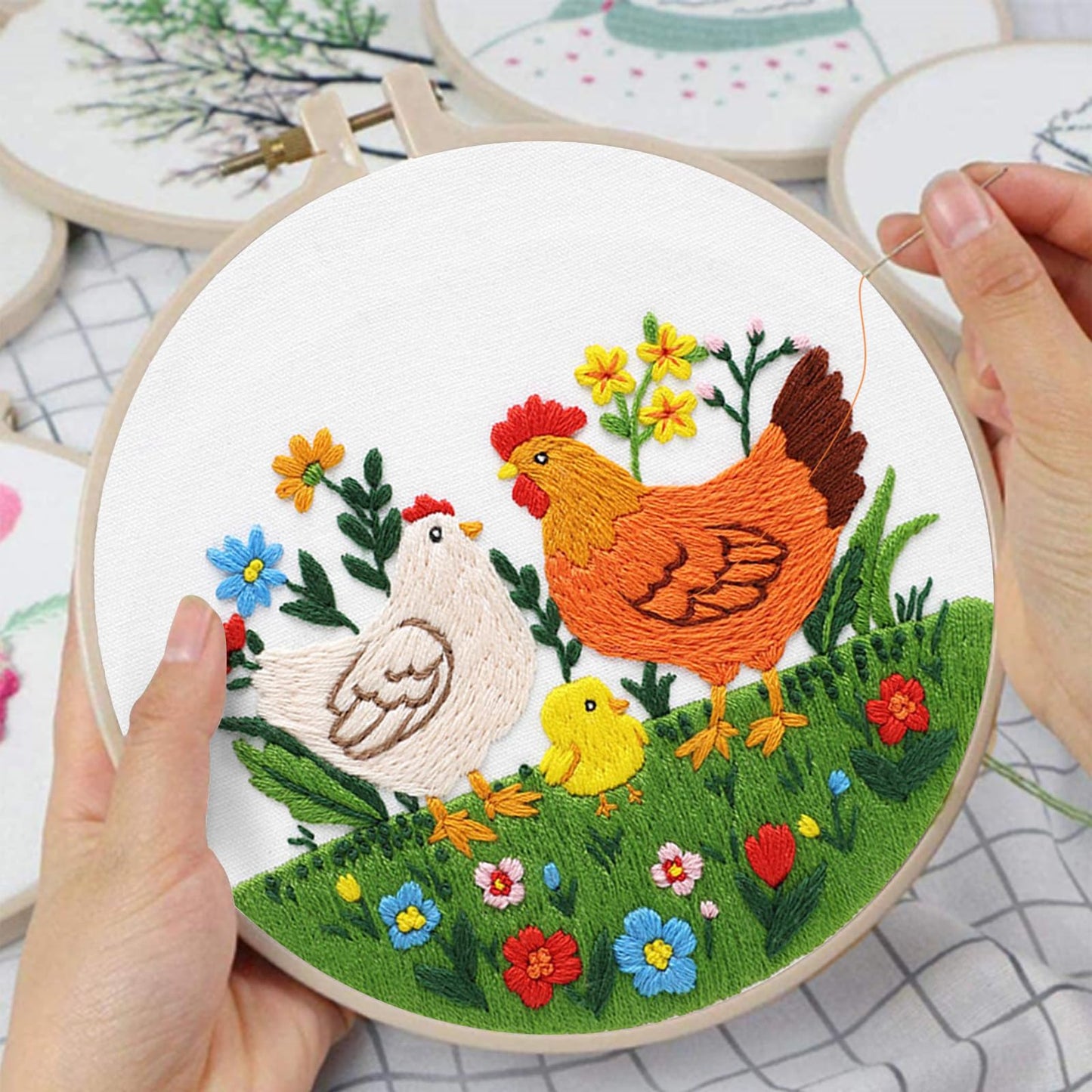 Louise Maelys 3 Sets Chicken Embroidery Kits for Beginners,Cross Stitch Kit for Adults,Art Craft Starters Needlepoint with Rooster,Hen and Farm Lawn Pattern and Tool