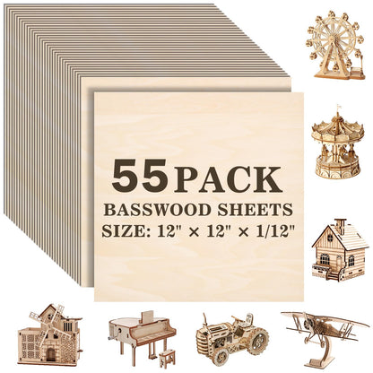MITINU 55 Pack Basswood Sheets for Crafts,12"x12"x1/12 2mm Thick Plywood Sheets with Smooth Surfaces-Unfinished Squares Wood Boards for Laser Cutting, Wood Burning, Architectural Models, Staining