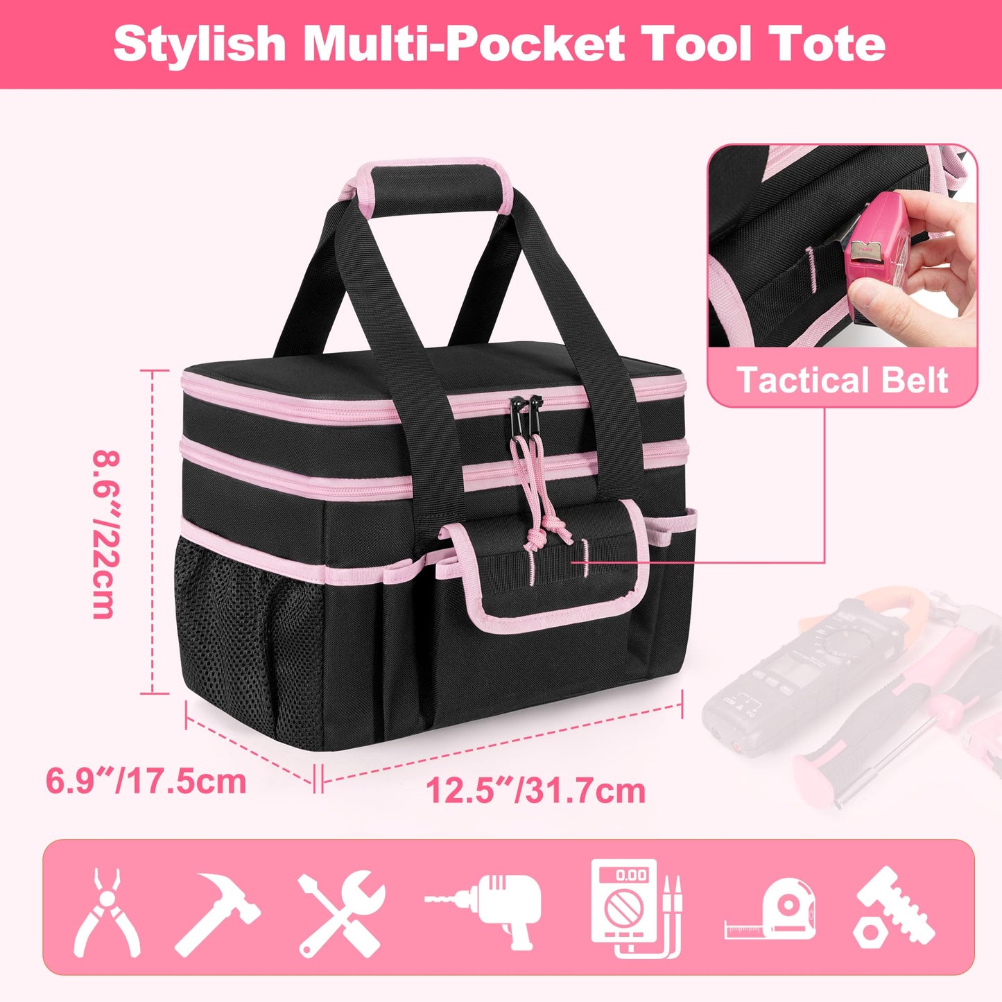 Trahzia Tool Tote Bag for Women, Double Layer Tool Storage Organizer Bag with Divider for Electrician, Carpenters, Repairman, Black