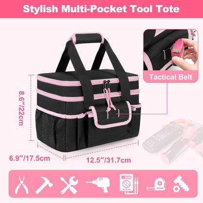 Trahzia Tool Tote Bag for Women, Double Layer Tool Storage Organizer Bag with Divider for Electrician, Carpenters, Repairman, Black
