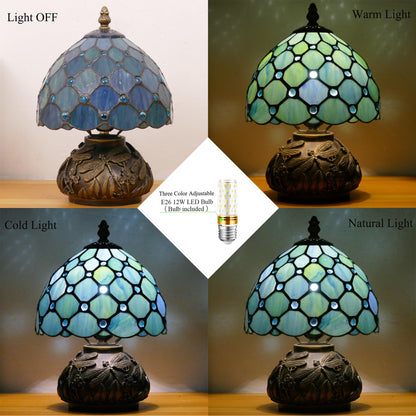 WFAYNTIFL Small Tiffany Lamp Mini Stained Glass Table Lamp Sea Blue Pearl Style Mushroom Memory Sympathy Lamp 8X11 Inch