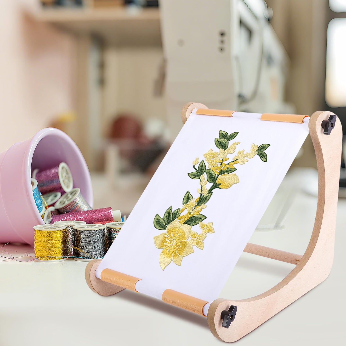 codree Adjustable Embroidery Table Stand, Wood Embroidery Hoop Holder, Hands-Free Cross Stitch Scroll Frame Needlepoint Stand for Lap or Table Top Stitching Sewing Supplies Craft Tool