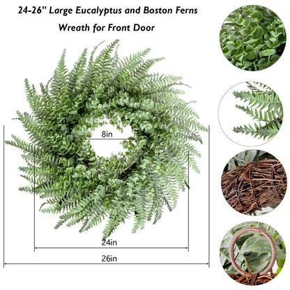 NIOPELO 26'' Eucalyptus and Boston Ferns Wreath for Front Door - Artificial Eucalyptus Leaves Greenery Outdoor Wreath for Wedding Farmhouse Porch Wall Room Home Decor (Gray-Green)