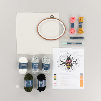 Kimberbell Punch Needle Set – Bloomin’ Bee - Complete DIY Embroidery Kit with Tool, Monks Cloth, Frame, Yarn & Dimensional Flowers – Adorable Bee Punch Needle Craft with Reusable Project Bag