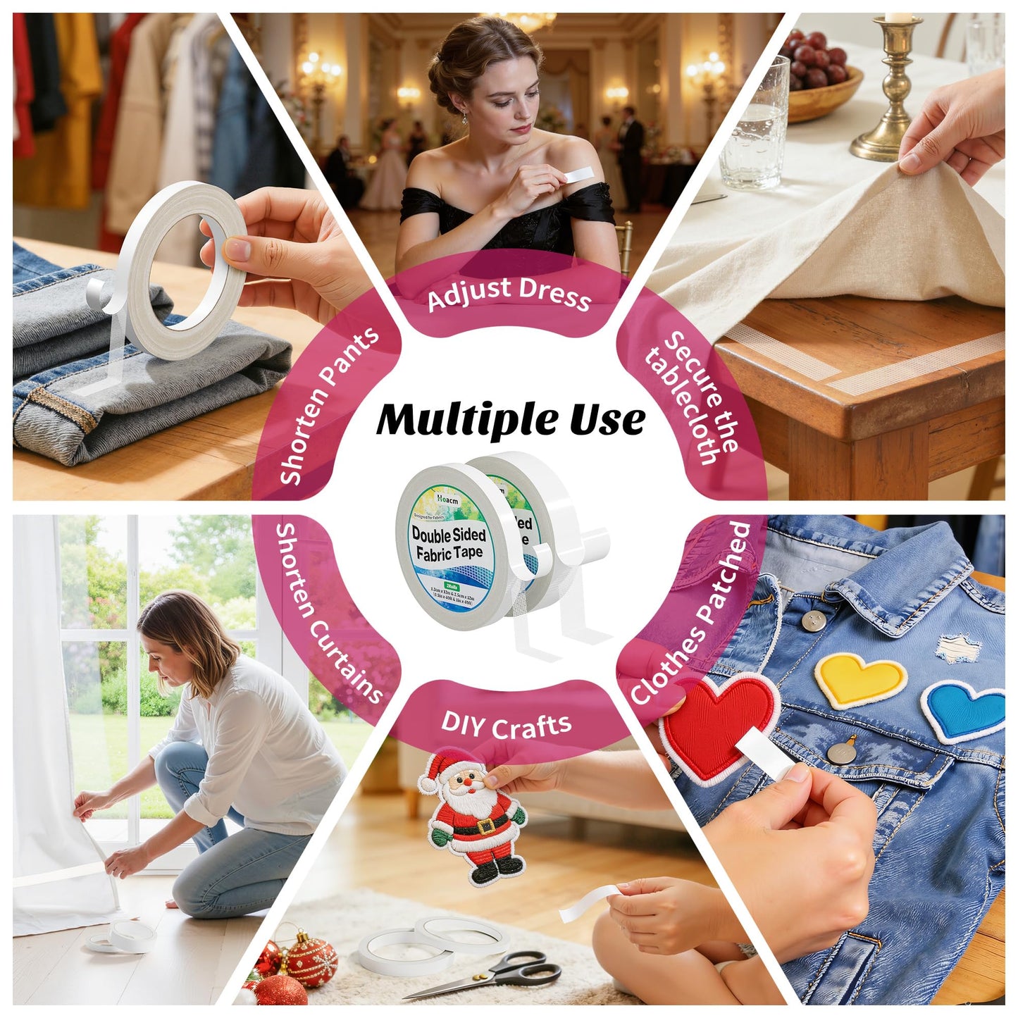 Hoacm 2 Rolls Double Sided Fabric Tape, Extra Strong Hem Tape No Sew No Iron, Fabric Adhesive Tape for Quick Clothing Hemming, Repairs & DIY Crafts (0.5inch x 40ft + 1inch x 40ft)