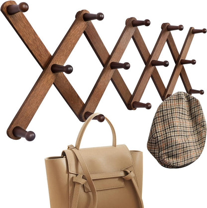 14 27"10", OROPY Wood Accordion Wall Hanger, Expandable Coat Rack Wall Mount with Pegs, Expanding Hat Rack for Wall, X