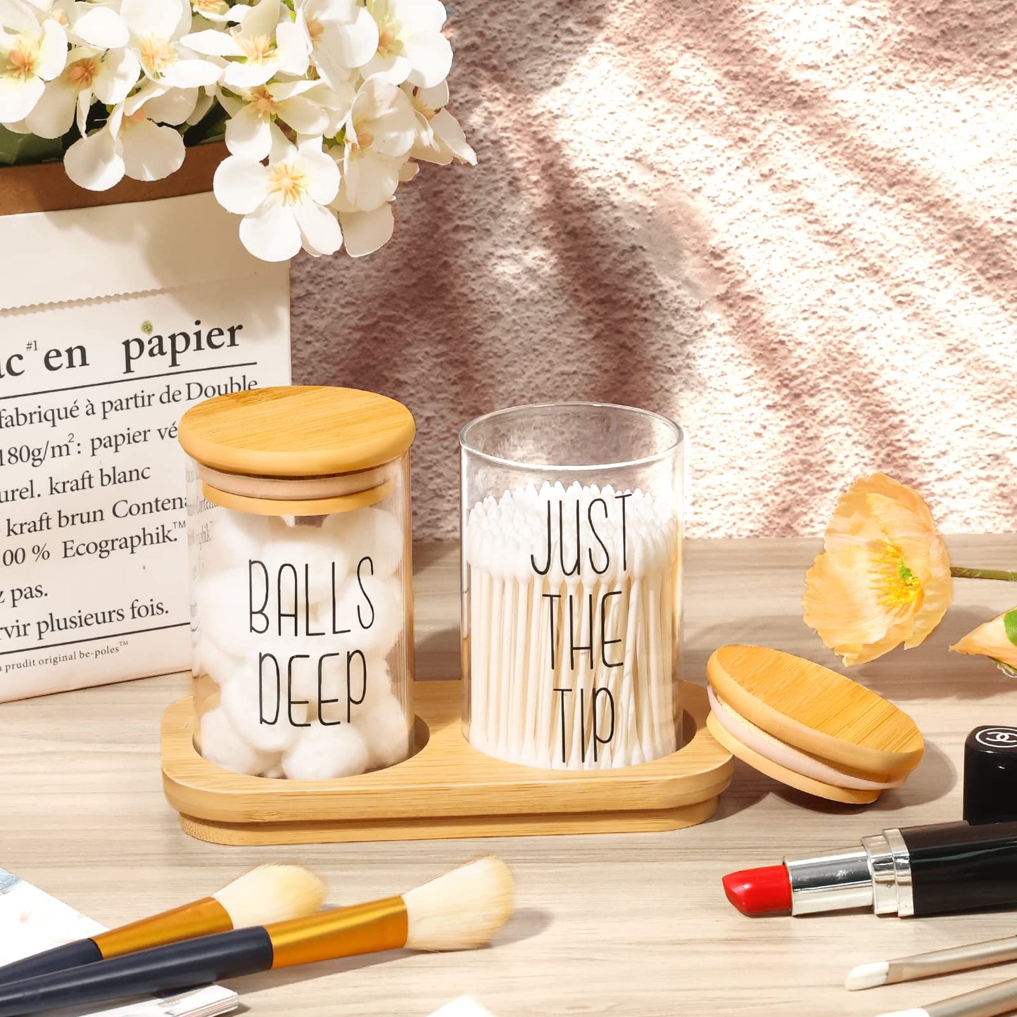 Funny Qtip Holder Dispenser 2 Pack Glass Apothecary Jars Canisters with Tray, Cotton Ball Qtip Holder Bathroom Set with Bamboo Lids for Cotton Swab Farmhouse Bathroom Storage Organization
