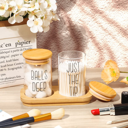 Funny Qtip Holder Dispenser 2 Pack Glass Apothecary Jars Canisters with Tray, Cotton Ball Qtip Holder Bathroom Set with Bamboo Lids for Cotton Swab Farmhouse Bathroom Storage Organization