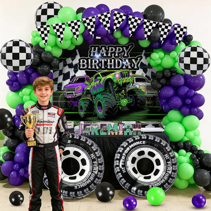 130Pcs Monster Truck Birthday Decorations for Boys Truck Theme Balloon Garland Arch Kit with Backdrop Triangle Banner Black Green Purple Wheel Foil Balloon Kids Monster Truck Party Decor Supplies