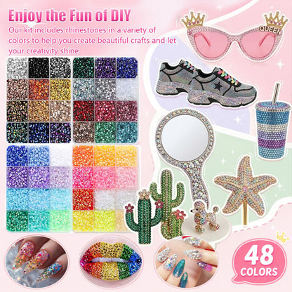51000Pcs 48 Colors Resin Jelly Rhinestones for Bedazzling and Tools 3mm Flatback Gems for Diamond Art Bedazzler Kit with 3Pcs 10ML Glue for Clothing Crafting Book Nail Art