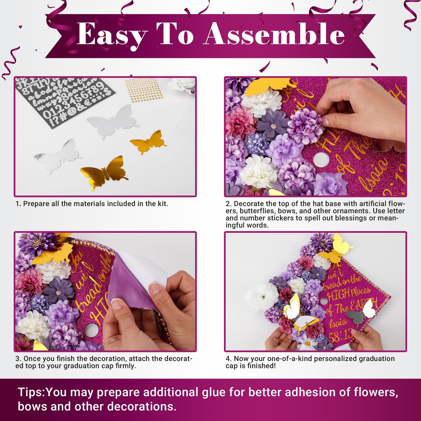 68 Pcs Purple DIY Graduation Cap Decorations Accessory Kit 3D Artificial Flowers White Bows Butterfly Glitter Alphabet Number Pearl Stickers for DIY Hat Grad Cap Topper Graduation Party Supplies