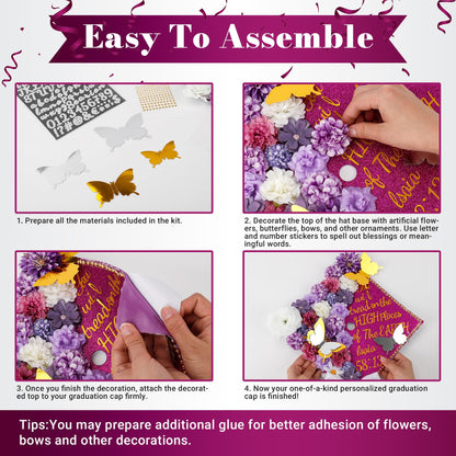 68 Pcs Purple DIY Graduation Cap Decorations Accessory Kit 3D Artificial Flowers White Bows Butterfly Glitter Alphabet Number Pearl Stickers for DIY Hat Grad Cap Topper Graduation Party Supplies