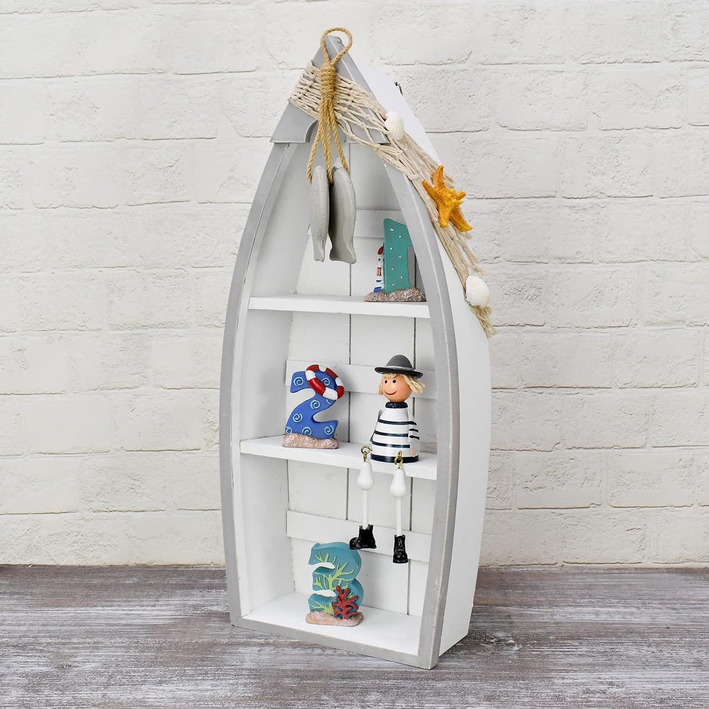 16.5" Linfevisi Wood Boat Shelf Decor Beach Theme Standing Boat Shelf Wooden Boat Decor Boat Book Shelf Nautical Decor