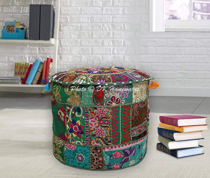 DK Homewares 22x22x14 Indian Vintage Patchwork Pouffe Floor Cushion Dark Green Round Foot Rest Living Room Cotton