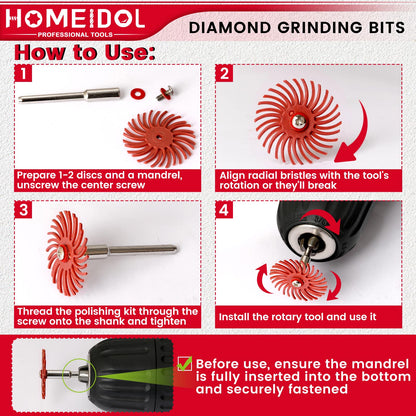 51Pcs Diamond Bits for Dremel Tool Accessories, HOMEIDOL Polishing Kits, 1" Radial Bristle Disc with 3/32", 1/8" Shank Rotary Tool Bits Diamond Grinding Bits for Stone Ceramics Metal Sanding