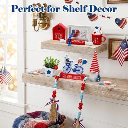 4th of July Decorations Patriotic Tiered Tray Decor Set, 8 PCS Memorial Day Fourth of July Decorations for Home Office Farmhouse Red White and Blue Tabletop Centerpieces Shelf Mantel Tray Decor Signs