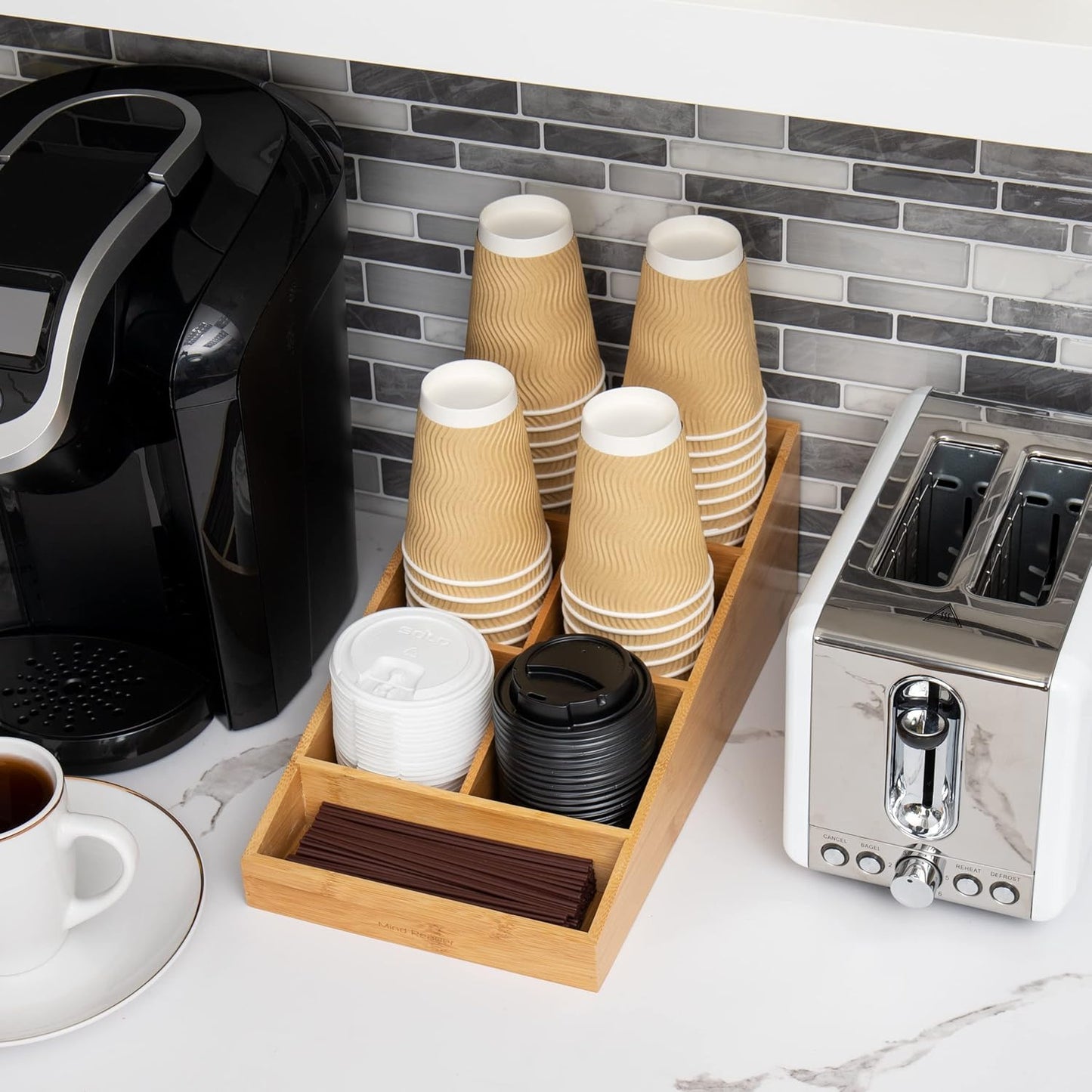 Mind Reader Cup and Condiment Station, Countertop Organizer, Coffee Bar, Rayon from Bamboo, Brown