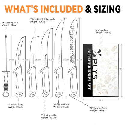 Plys From Prep to Plate: The 7-Piece Butcher Knife Set for Complete Meat & BBQ Mastery Featuring 10" Butcher, 6" Boning/Skinning/Fillet, and 8"/10" Slicing Knives in 4Cr13Mov Steel.