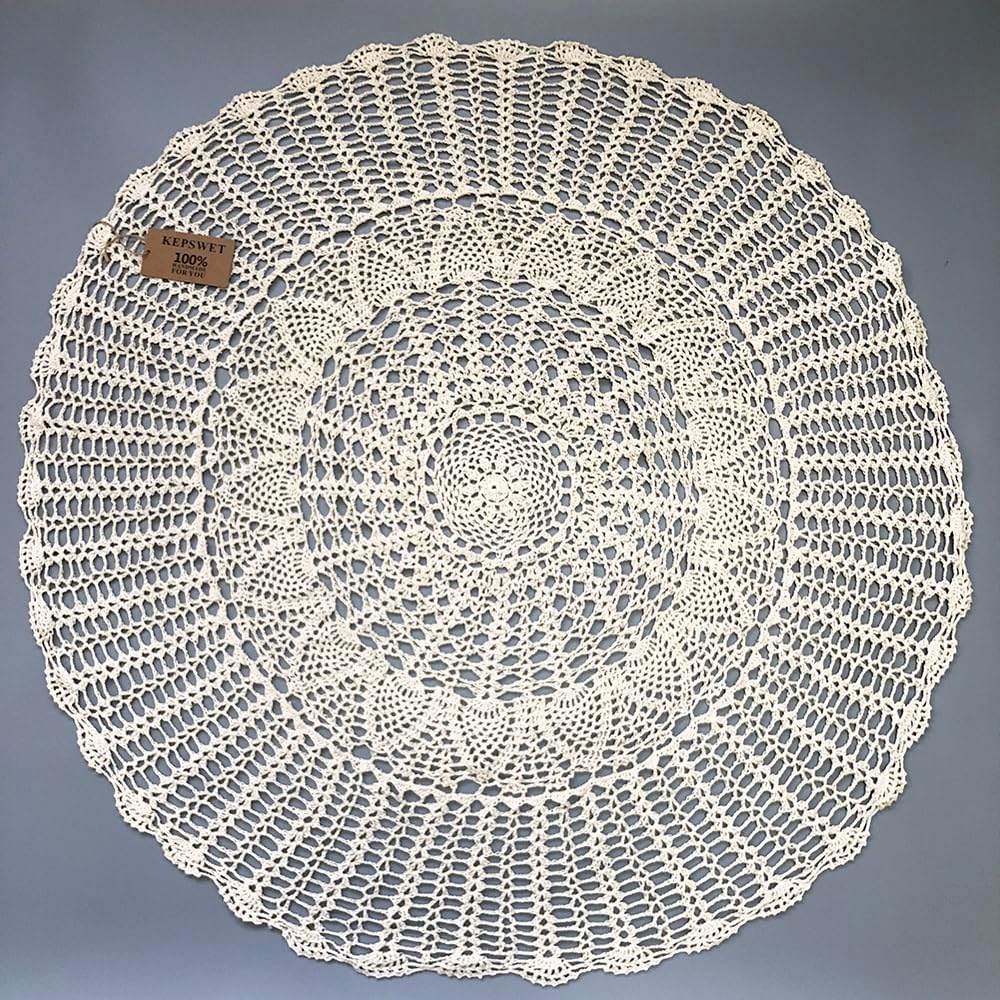 KEPSWET 36 inch Round Sunflower Beige Handmade Crochet Lace Tablecloth Doily