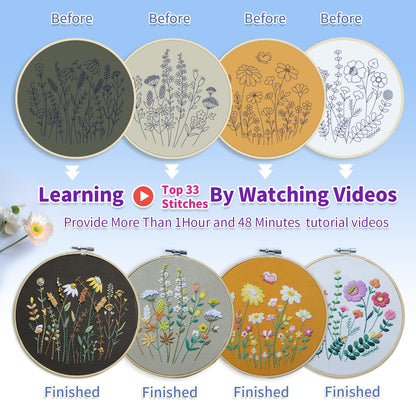 ETSPIL Embroidery Starter Kit for Adults, 2 Hoops & 4 Stamped Flower Patterns, Easy Craft for Sharing, Master 11 Stitches via 4K Videos, DIY Gift for Women, Friends and Beginners