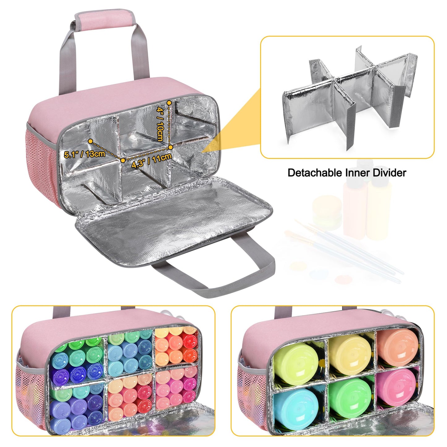 Acrylic Paint Organizer Bag for up to 54 Bottles (2 oz), Art Supply Storage Case with Handle Strap, Extra Pocket for Paint Brushes, etc, Aluminum Foil Liner for Easy Cleaning, Patented Design (Pink)